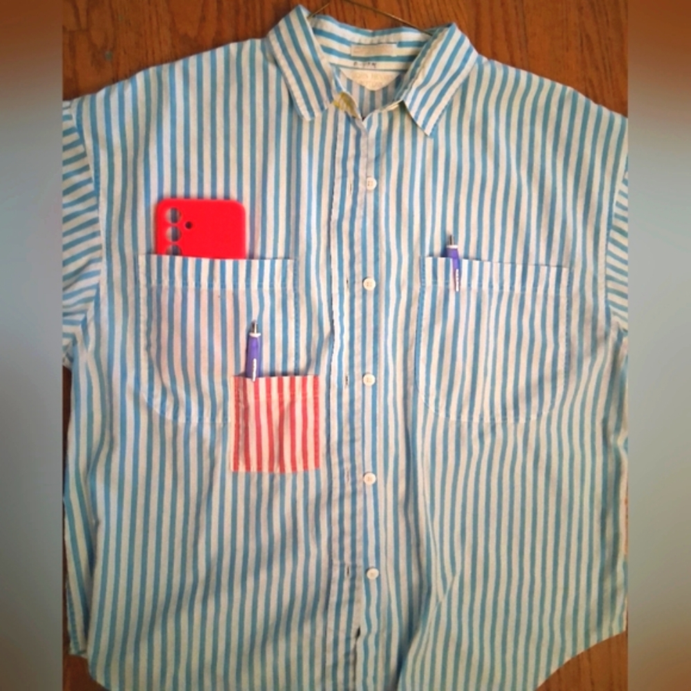 Vintage Blue and White Striped Pocketed Shirt Size L